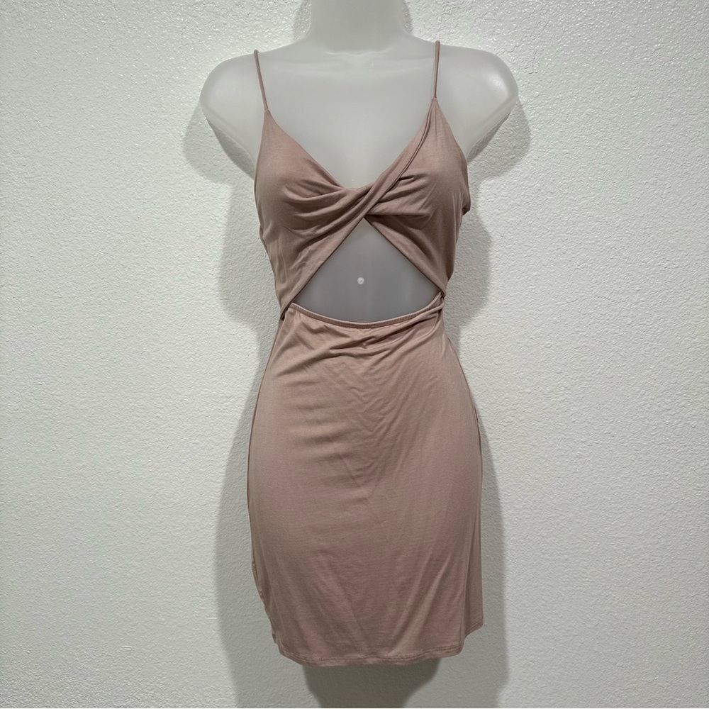 NWT beige cut out twist top cami spaghetti strap bodycon fitted dress